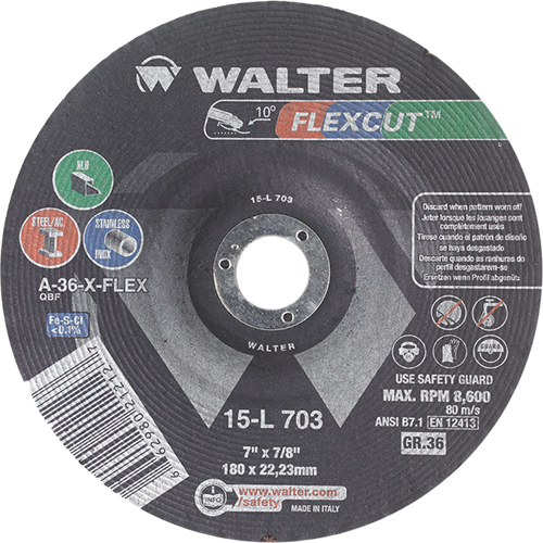Meules &agrave; moyeu d&eacute;port&eacute; Flexcut, 7", 36 Grain, Oxyde d'aluminium, 7/8", 8600 Tr/min, Type 29 Par Equipment