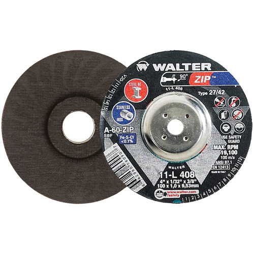 Disque de meulage et de tronçonnage Zip, 4" x 1/32", Arbre de 3/8", Type 27, Grain de 60, Oxyde d'aluminium Par Equipment