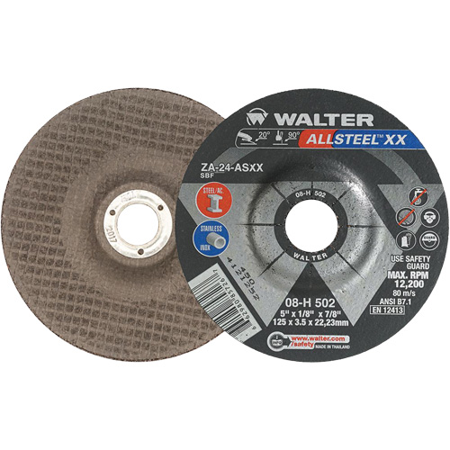 Depressed Centre Grinding Wheels - Allsteel XX, 5" x 1/8", 7/8" Arbor, Type 27, Zirconia Alumina, 12200 RPM Par Equipment