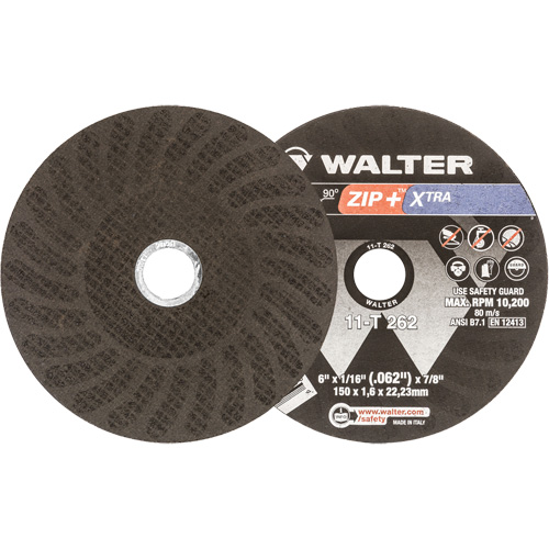 Meules &agrave; tronçonner renforc&eacute;es Zip+ pour meuleuse &agrave; angle droit, 6" x 1/16", Arbre de 7/8", Type 1, Oxyde d'aluminium, 10 200 Tr/min Par Equipment