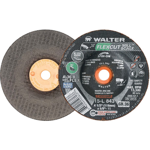FLEXCUT MILL SCALE Grinding Wheel, 4-1/2", 36 Grit, Aluminum Oxide, 5/8"-11, 13300 RPM, Type 29 Par Equipment