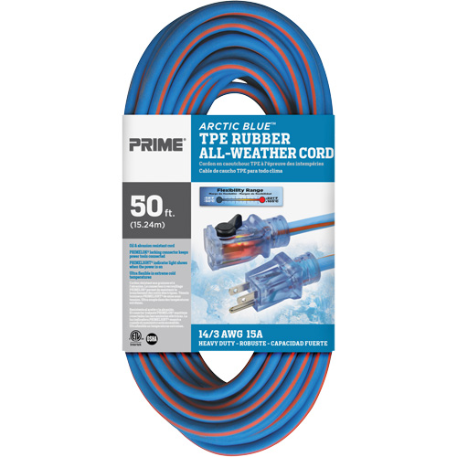 Cordon rallonge Arctic Blue, Toutes saisons, SJEOW, AWG 14/3, 15 A, 50' Par Equipment