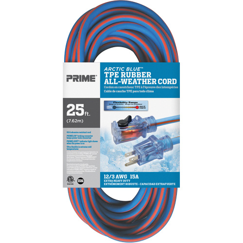 Cordon rallonge verrouillable toute saison en caoutchouc TPE Arctic Blue, Toutes saisons, SJEOW, AWG 12/3, 15 A, 25' Par Equipment