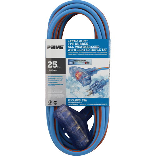 Cordons rallonges en caoutchouc TPE Arctic Blue, Toutes saisons, SJEOW, AWG 12/3, 15 A, 3 prise(s), 25' Par Equipment