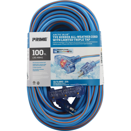 Cordons rallonges en caoutchouc TPE Arctic Blue, Toutes saisons, SJEOW, AWG 12/3, 15 A, 3 prise(s), 100' Par Equipment