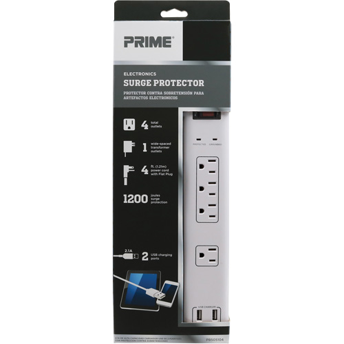 Limiteurs de surtension avec chargeur USB, 4 Prises, 1200 J, 1875 W, Cordon 4' Par Equipment