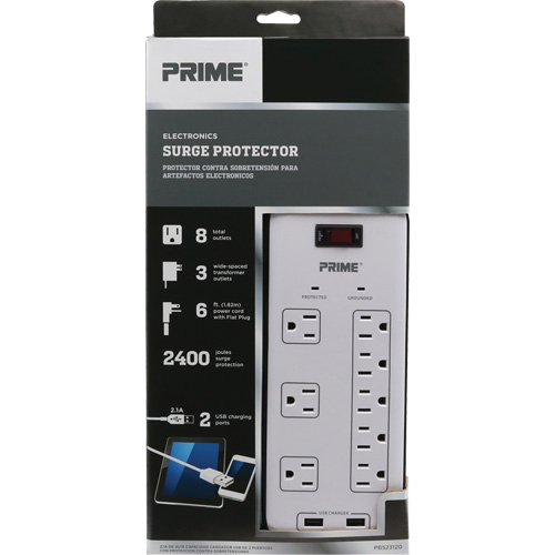 USB Charging Surge Protectors, 8 Outlets, 2400 J, 1875 W, 6' Cord Par Equipment