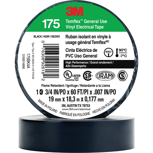 Temflex General Use Vinyl Electrical Tape 175, 19 mm (3/4") x 18 M (60'), Black, 7 mils Par Equipment
