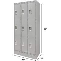 Lockers, 3 -tier, Bank of 3, 36" x 18" x 76", Steel, Grey, Knocked Down Par Equipment