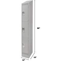 Lockers, 3 -tier, 12" x 18" x 86", Steel, Grey, Knocked Down Par Equipment