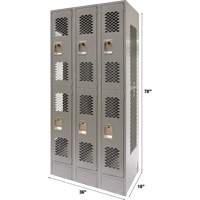 Vented Lockers, 2 -tier, Bank of 3, 36 x 18" x 78", Steel, Grey, Knocked Down, Perforated Par Equipment