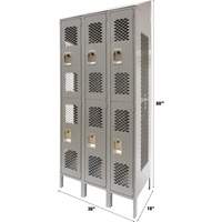Vented Lockers, 2 -tier, Bank of 3, 36 x 18" x 88", Steel, Grey, Knocked Down, Perforated Par Equipment