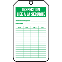 &eacute;tiquettes de s&eacute;curit&eacute; d'inspection et de contr&ocirc;le de l'&eacute;tat de l'&eacute;quipement, Papier cartonn&eacute;, 3-1/8" la x 5-7/8" h, Français Par Equipment