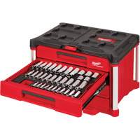 242-Piece 1/4”, 3/8” & 1/2” Drive Metric & SAE Ratchet & Socket Set with PACKOUT 4-Drawer Tool Box, 16-3/10" x 22-1/5" x 14-3/10", Black/Red Par Equipment
