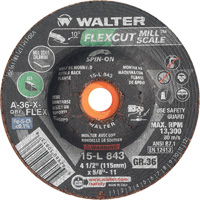 FLEXCUT MILL SCALE Grinding Wheel, 4-1/2", 36 Grit, Aluminum Oxide, 5/8"-11, 13300 RPM, Type 29 Par Equipment