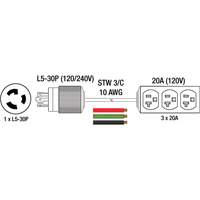 Generator Extension Cord with Tritap, STW, 10 AWG, 3 Outlet(s), 25' Par Equipment